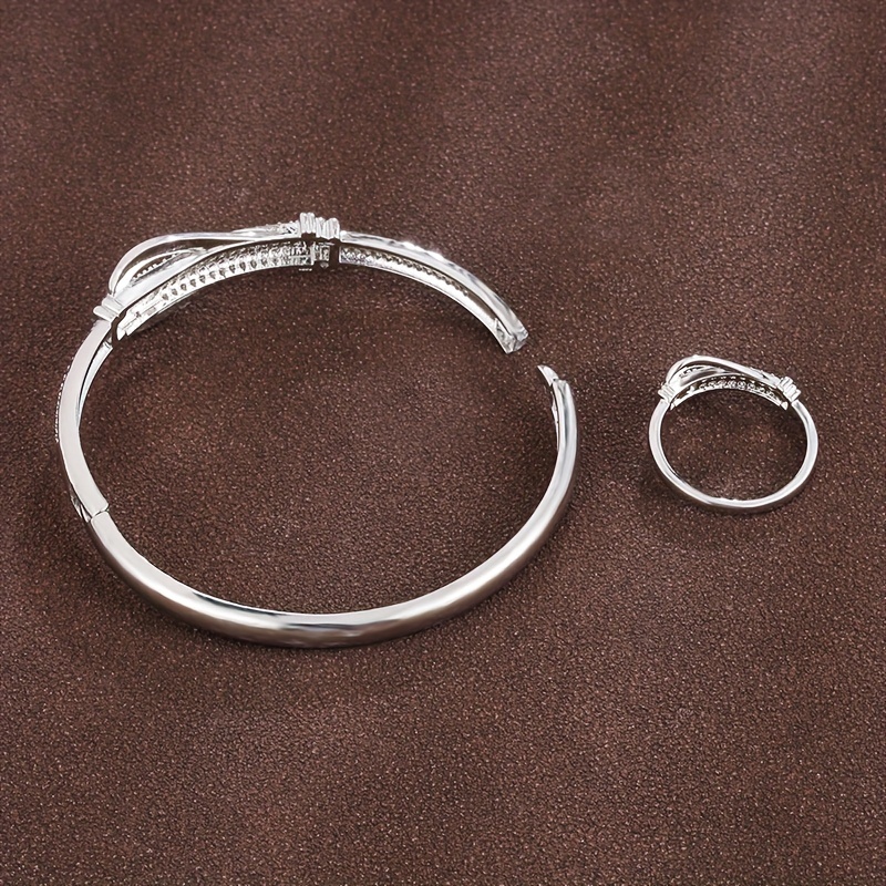 Stylish Buckle Zirconia Copper Bracelet & Ring Set